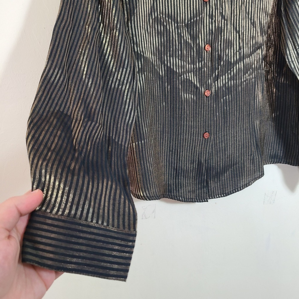 Vtg Gold Black Striped Button Down Long Sleeve Shirt L Metallic Y2K Indie Sleaze - Picture 2 of 9
